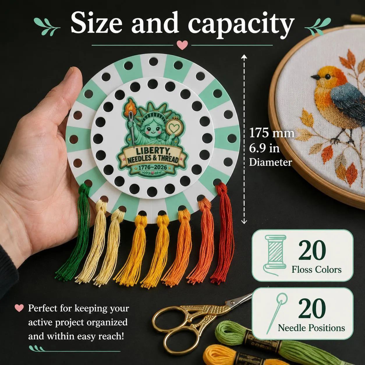 Cross Stitch Project Organizer, 20-Color Floss Holder with Needle Parking, Reusable DMC Number Chart, Liberty Stitching Gift
