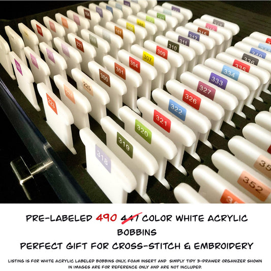 Pre-Labeled 490 Color White Acrylic Bobbins:Perfect Gift for Cross-Stitch & Embroidery,490 Prelabeled White 3 mm Acrylic Bobbin-Best Present