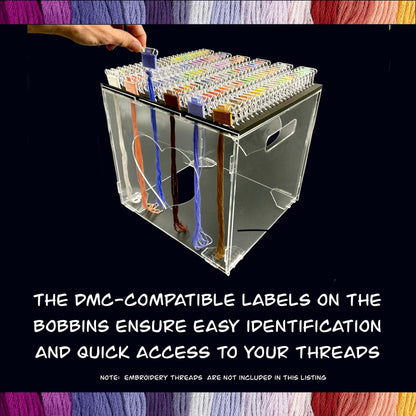 490 DMC-Labeled Acrylic Bobbins & 4 Clear Storage Boxes–Perfect Cross-Stitch Thread Organization Set-Gift for Stitchers Embroidery Lovers