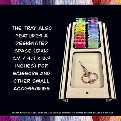 Sofa Arm Tray for Cross-Stitch–Holds 20 Acrylic / Plastic Bobbins–Storage Space for Scissors-Perfect Present Gift TV Chair Armrest Organizer
