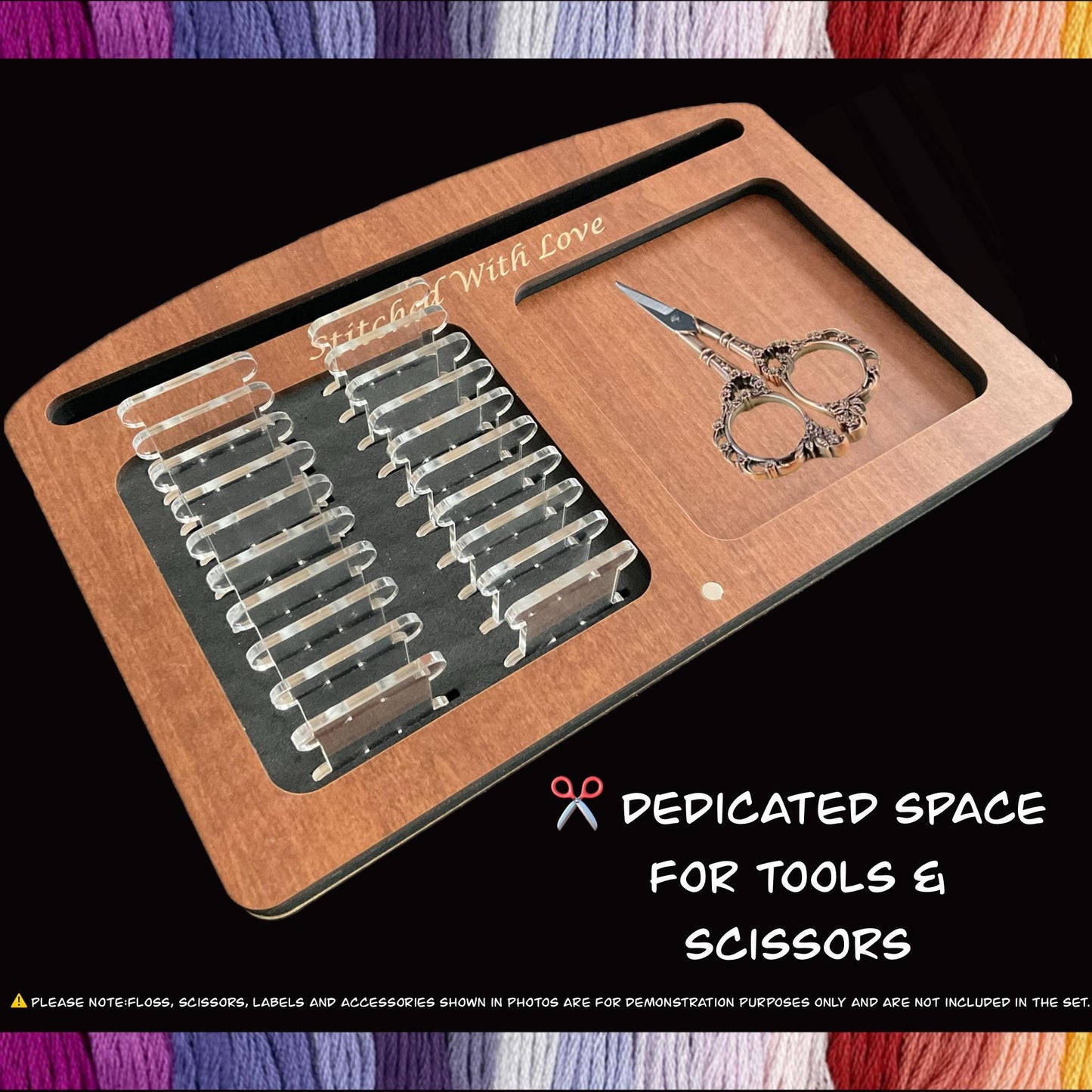 Wooden Project Tray Set–Cross Stitch Organizer with 20 Clear Acrylic Bobbins–Holds Tools,Scissors,Needles–Mother's Day Gift