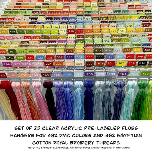 Set of 25 Clear Acrylic Pre-Labeled Floss Hangers for 482 DMC Colors and 482 Egyptian Cotton Embroidery Threads-Perfect Gift for Cross Stitchers