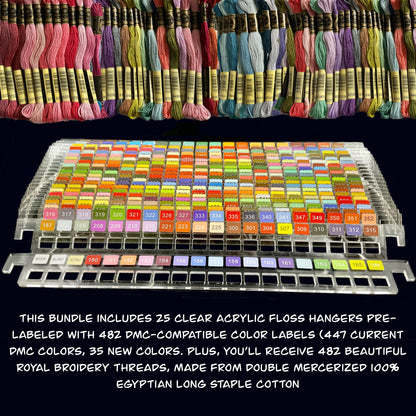 Set of 25 Clear Acrylic Pre-Labeled Floss Hangers for 482 DMC Colors and 482 Egyptian Cotton Embroidery Threads-Perfect Gift for Cross Stitchers