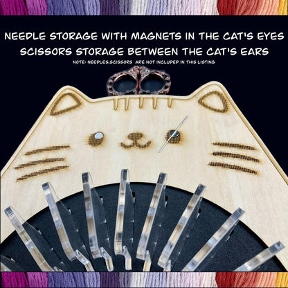 Cat Shaped Cross-Stitch Embroidery Tray Set–Holds 24 Acrylic Bobbins or 32 Regular Plastic Bobbins, Perfect Holiday Gift with Needle Storage