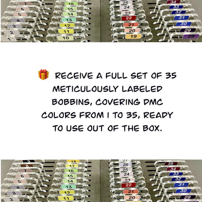 1-35 Pre-Labeled 3mm Clear Acrylic Bobbins: Perfect Gift for Cross-Stitch Embroidery, 35 Colors Prelabeled Acrylic Bobbins Set Best Present