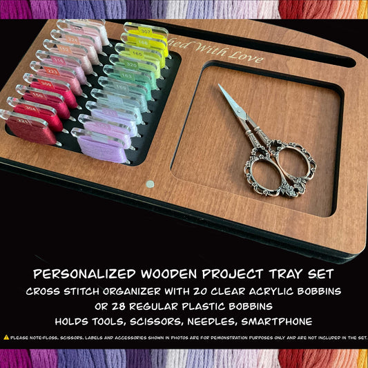 Wooden Project Tray Set–Cross Stitch Organizer with 20 Clear Acrylic Bobbins–Holds Tools,Scissors,Needles–Mother's Day Gift
