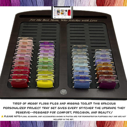 Cross Stitch Tray with 72 Acrylic or 80 Plastic Bobbins–Tool &Phone Slot–Mother's Day Gift for Stitcher–Cherry,Ebony,Black Wood