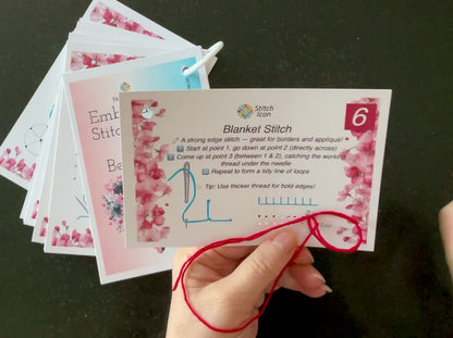 Beginner Embroidery Stitch Cards–Step-by-Step Guide to 20 Essential Stitches,Portable 4×6 Set–Travel Bobbin Organizer,Plastic Bobbins,Floss